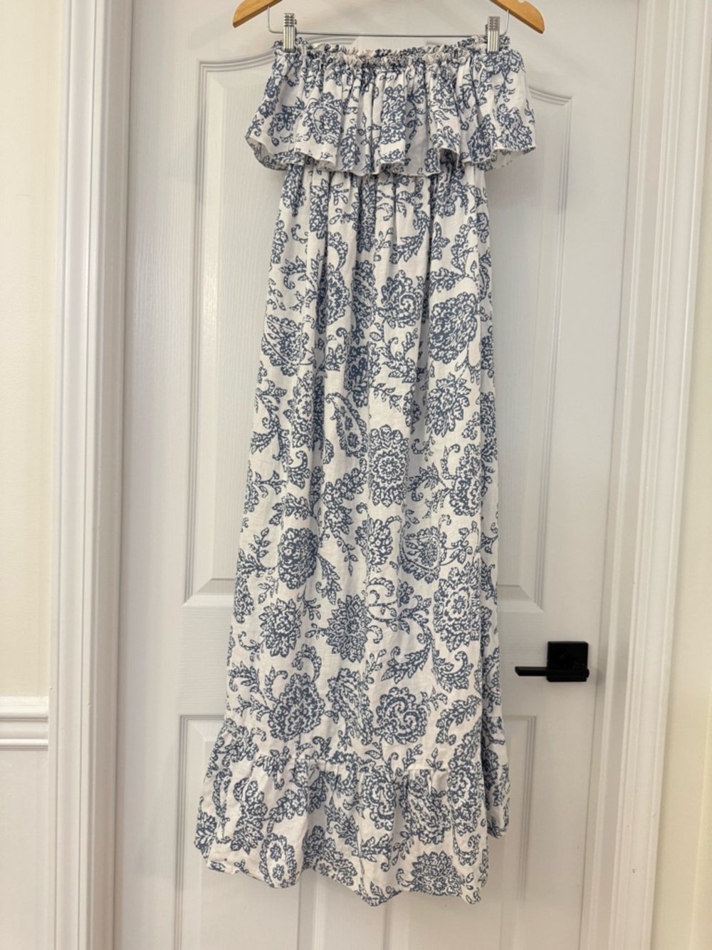 Moda International 100% Linen Off Shoulder White & Blue/Grey Boho Maxi Dress M